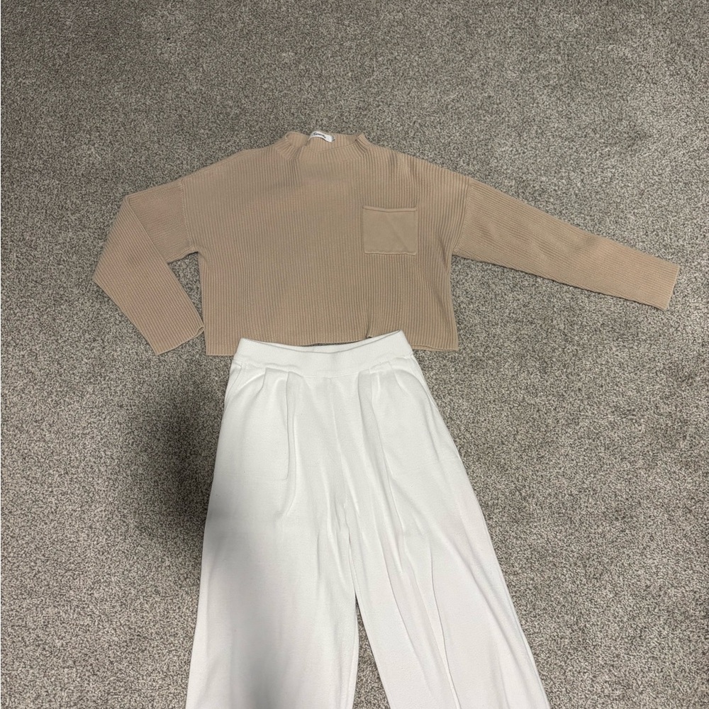 Caracilia Neutral Beige Cropped Rib Knit Top and White Wide-Leg Pants Set